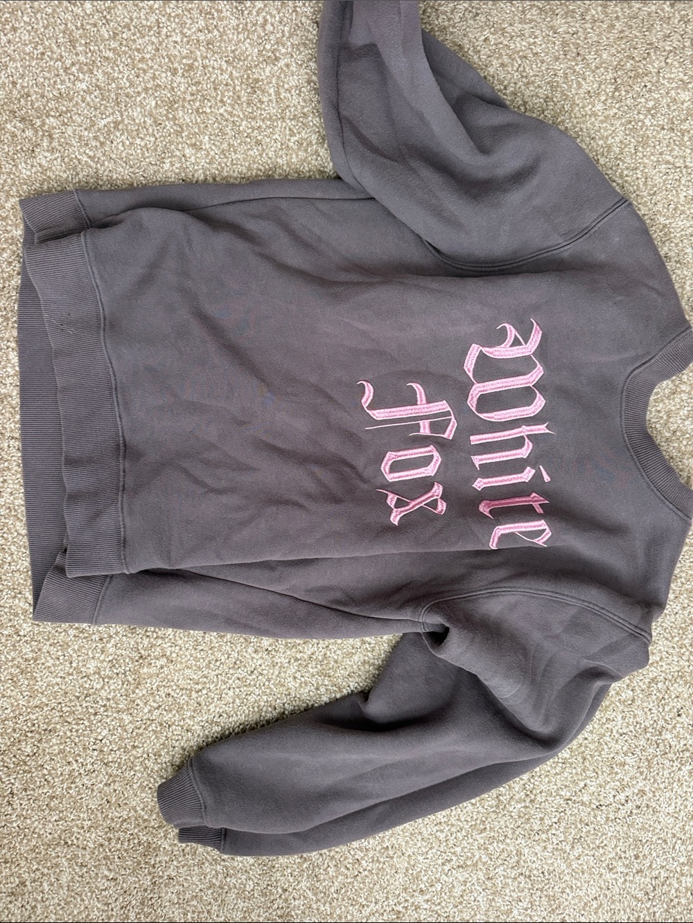 White Fox Boutique Charcoal Crewneck with Pink Script Logo